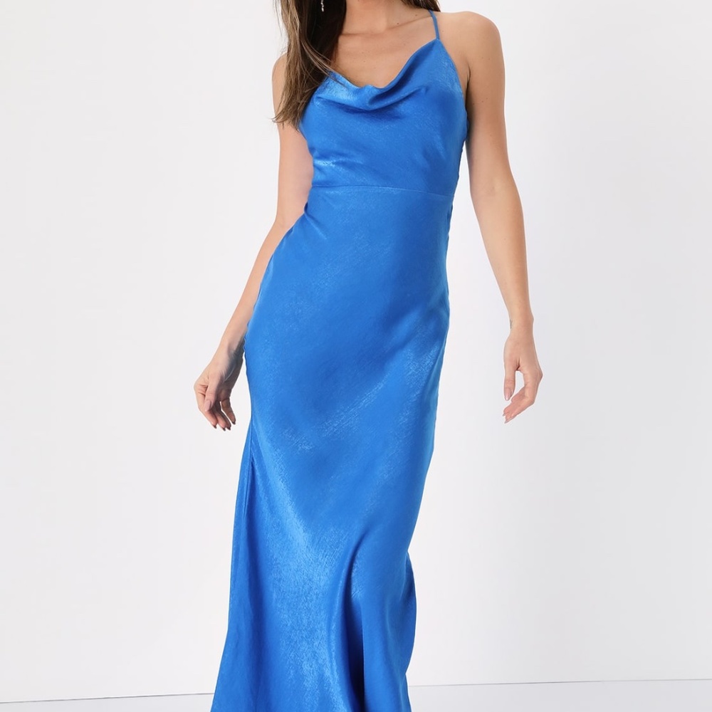 Exquisite Evening Blue Satin Cowl Neck Maxi Dress - NWT